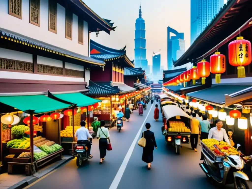 Un bullicioso paisaje urbano en Asia, fusionando innovación y tradición