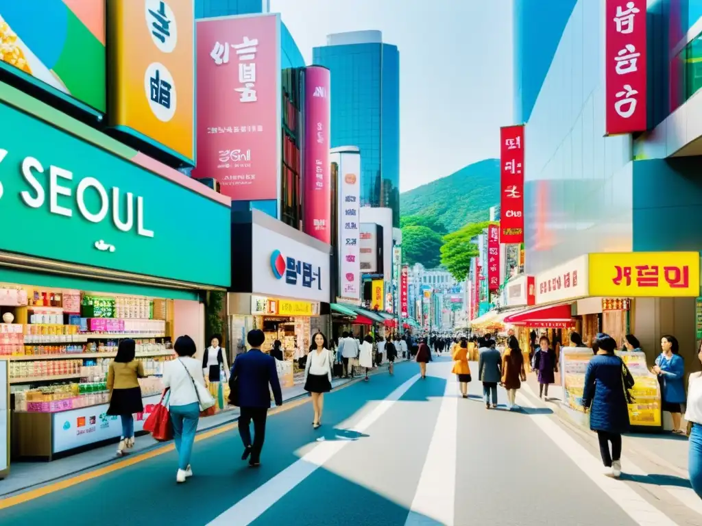 Un bullicioso paseo en Seúl, Corea del Sur, rebosante de coloridas tiendas de belleza asiática