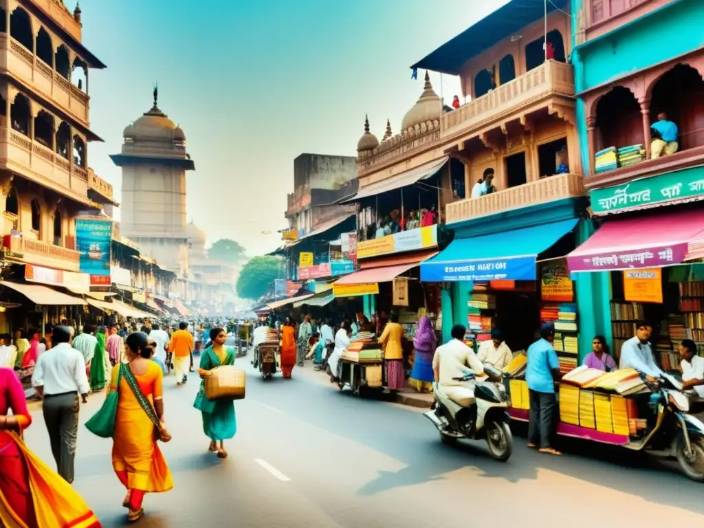 Un bullicioso paseo en una vibrante ciudad india, con ropa tradicional colorida y una mezcla de arquitectura moderna e histórica