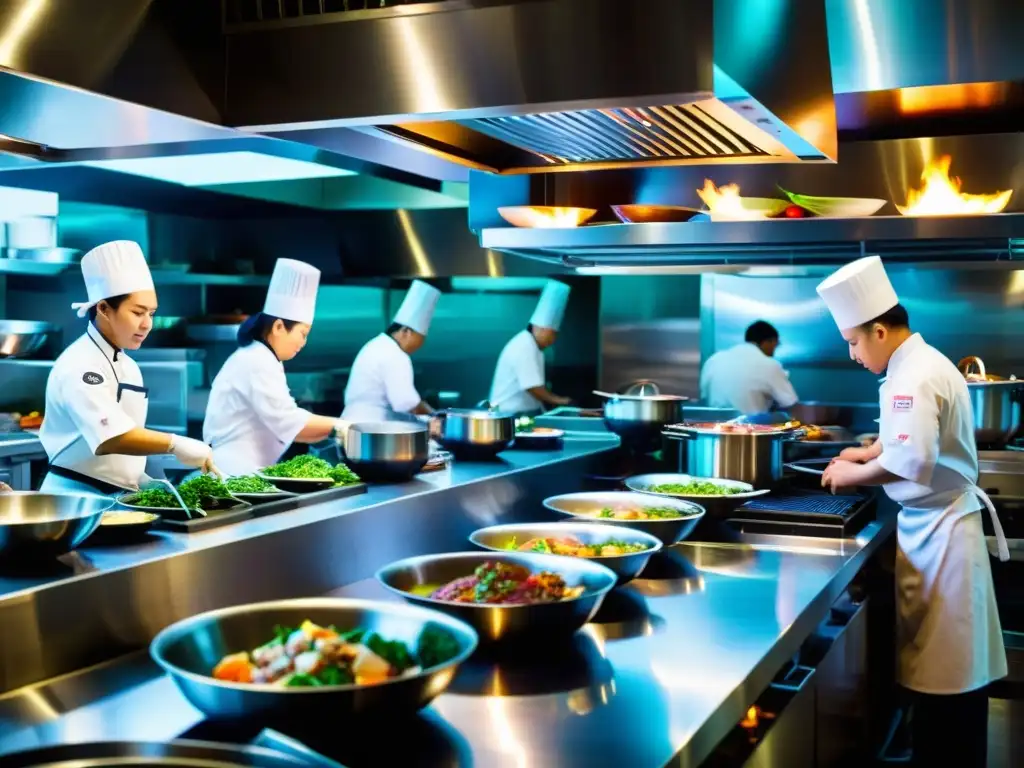 Un bullicioso restaurante asiático con estrellas Michelin, chefs preparando platos intrincados y colores vibrantes en la cocina