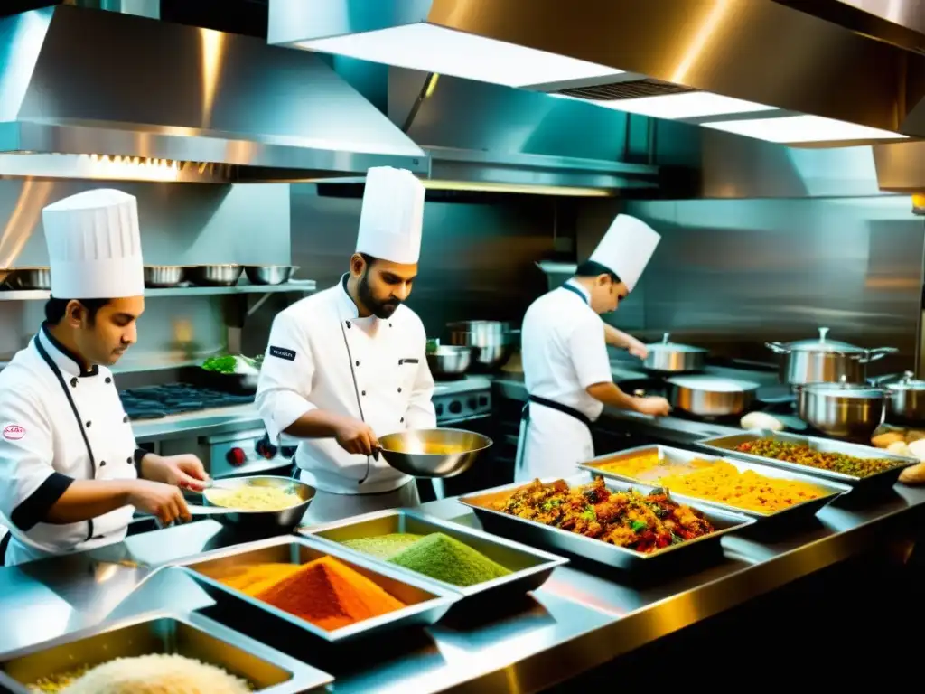 Un bullicioso restaurante con chefs preparando platos de cocina india e internacional, fusionando sabores con maestría