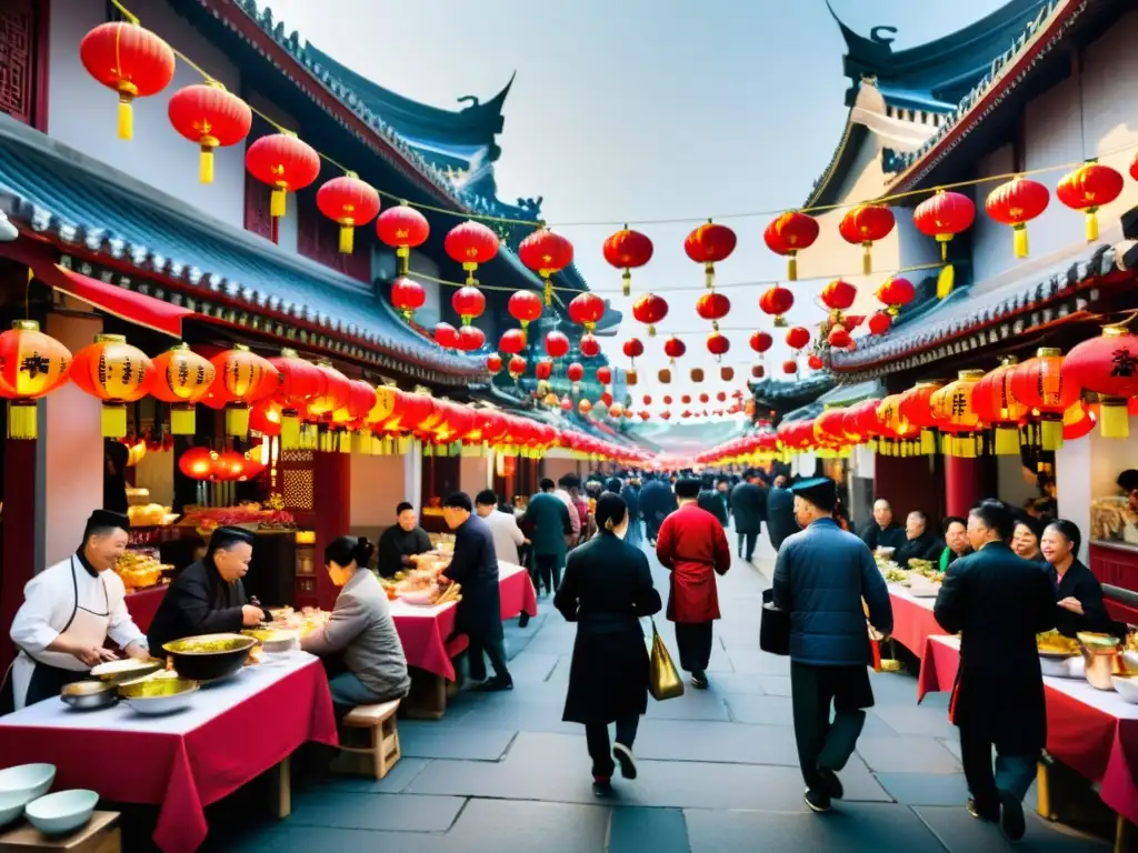 Un bullicioso restaurante con estrellas Michelin orientales, lleno de energía y sofisticación en una vibrante calle china