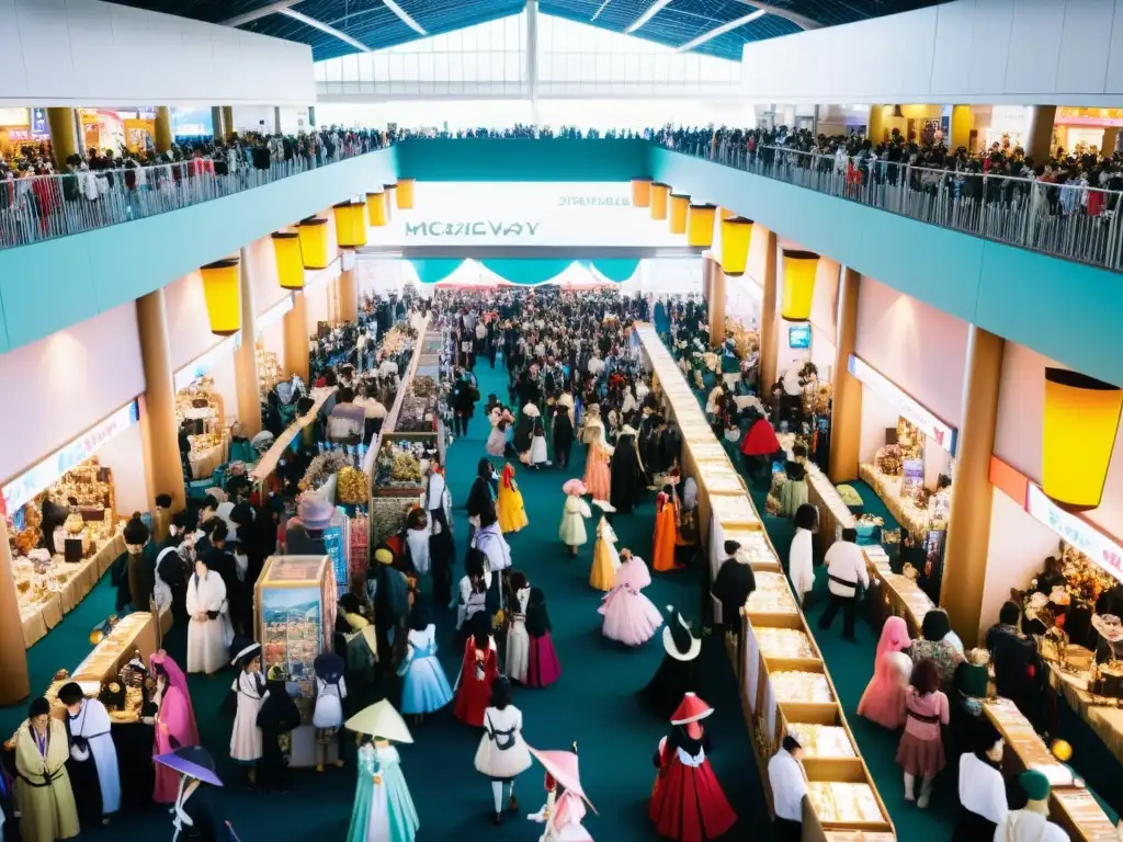 Un bullicioso salón de convenciones de anime, lleno de cosplayers y una atmósfera de realismo mágico en el anime