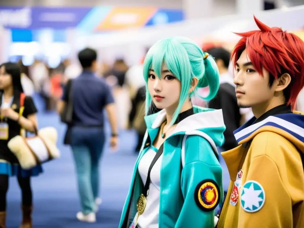 Un bullicioso salón de convenciones de anime con cosplayers, puestos de mercancía y asistentes entusiastas