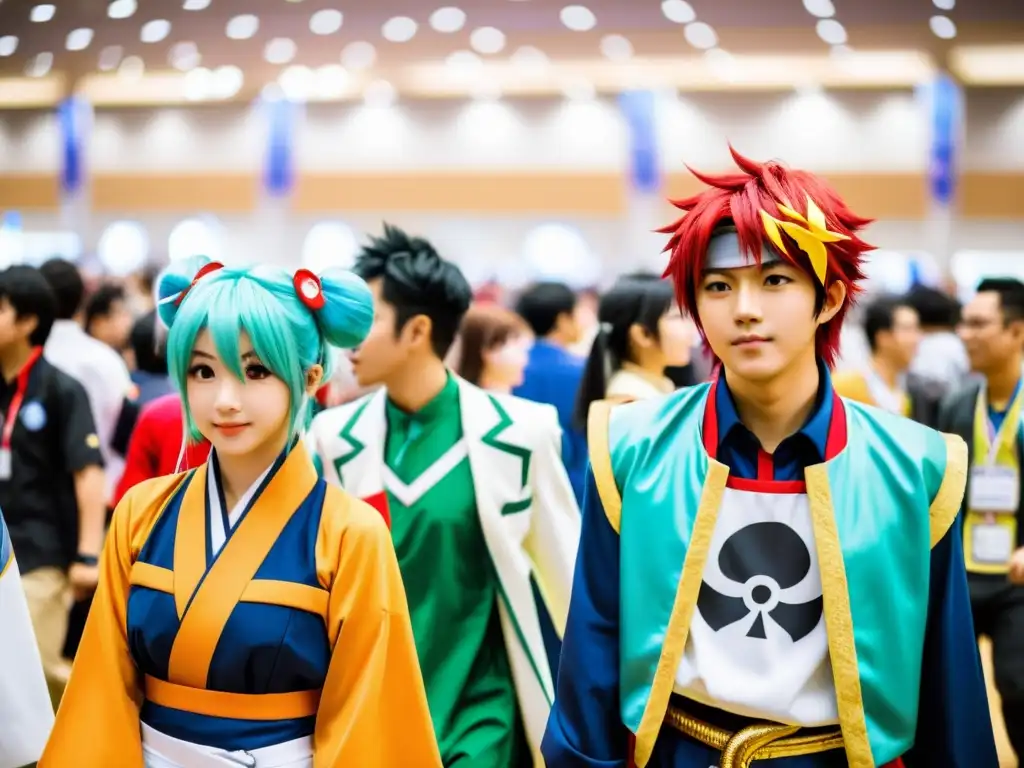 Un bullicioso salón de convenciones lleno de gente diversa vestida con elaborados y coloridos trajes de anime