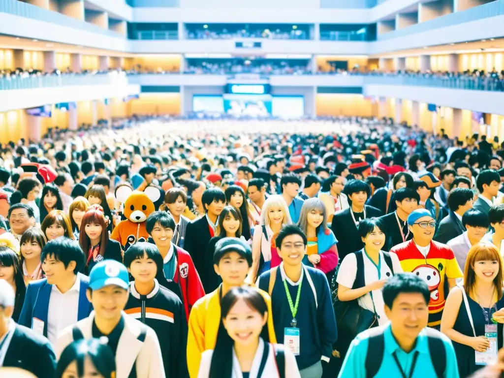 Un bullicioso salón de convenciones lleno de fans de anime vestidos con trajes coloridos y elaborados