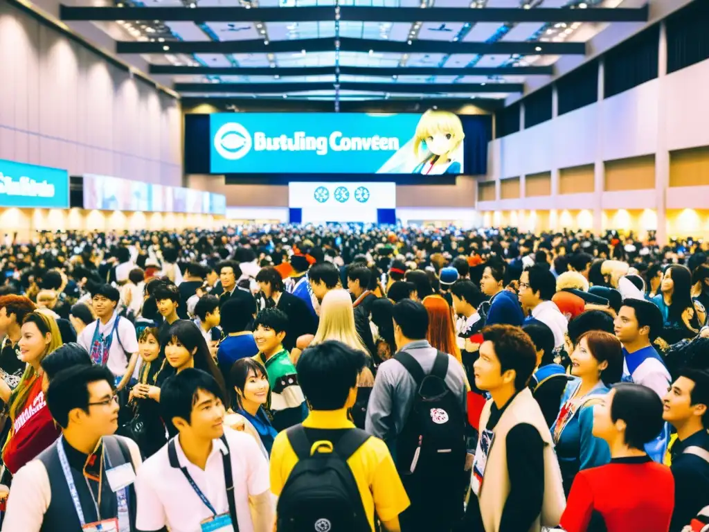 Un bullicioso salón de convenciones lleno de fans de anime, cosplayers y puestos de mercancía