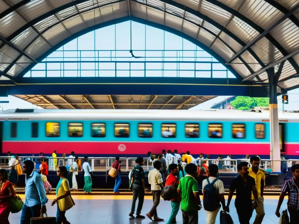 Estación de tren bulliciosa en India: tradición y modernidad El bullicioso tren impacta la escena en la estación de la India, con colores vibrantes y tradición frente a modernidad