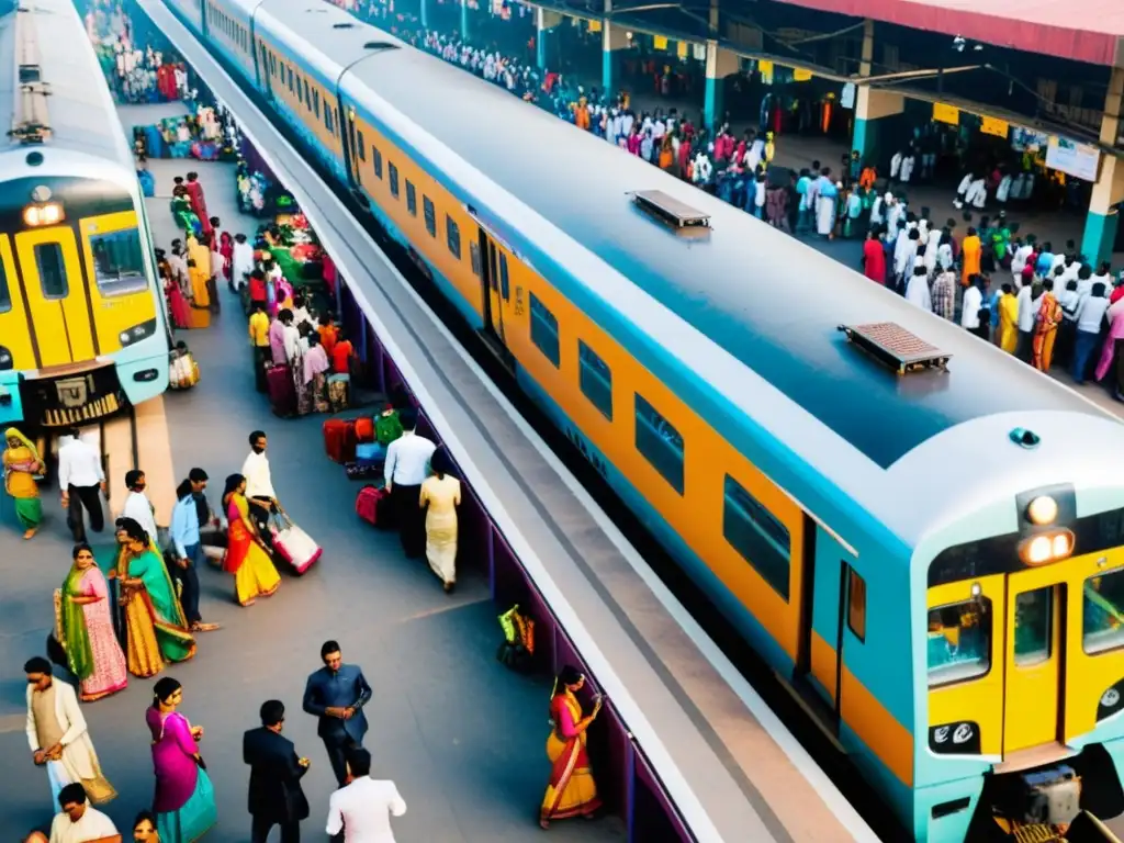 Estación de tren en la India: Tradición y modernidad en movimiento Un bullicioso tren en la India, con colores vibrantes y una mezcla de arquitectura tradicional y moderna