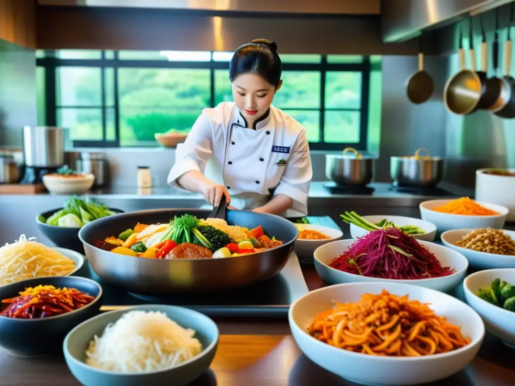 Un bullicioso y vibrante ambiente en una cocina coreana tradicional, inmerso en la exclusiva aventura gourmet de la cocina coreana