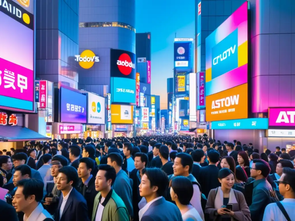 Un bullicioso y vibrante cruce de calles en el distrito de Shibuya en Tokio, con rascacielos iluminados por vistosos anuncios digitales