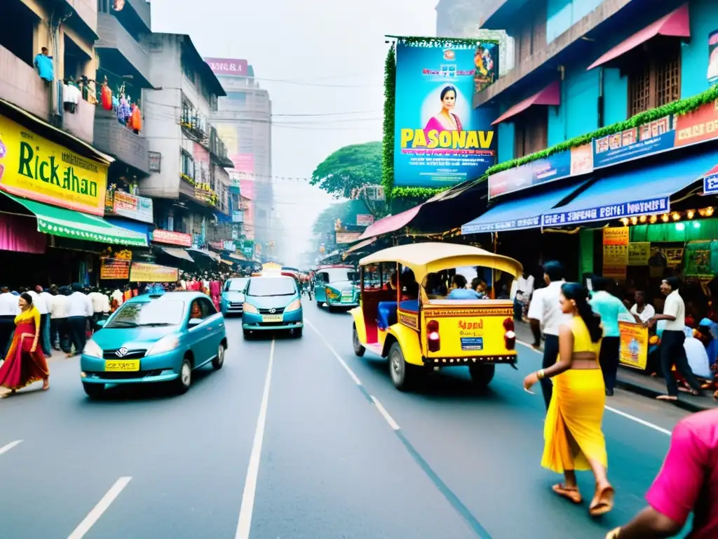 Un bullicioso y vibrante escenario callejero en Bombay, India, rebosante de coloridos carteles de cine y una animada multitud