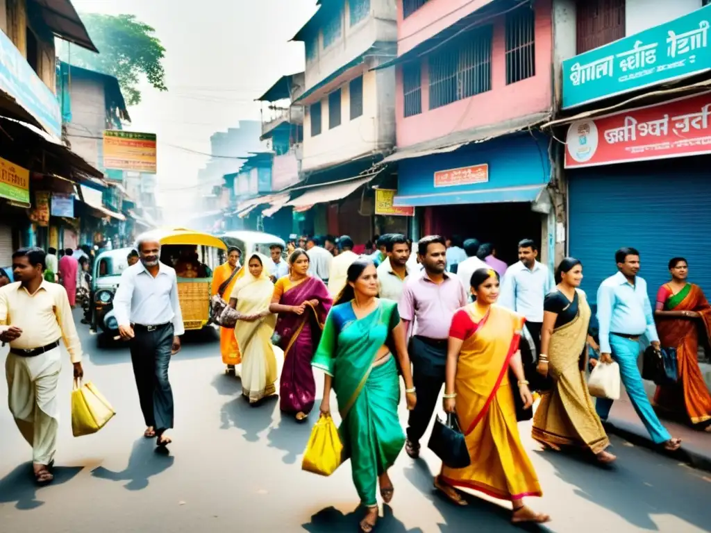 Un bullicioso y vibrante retrato de la vida cotidiana en India, mostrando la coexistencia de diferentes grupos de castas en un paisaje urbano dinámico