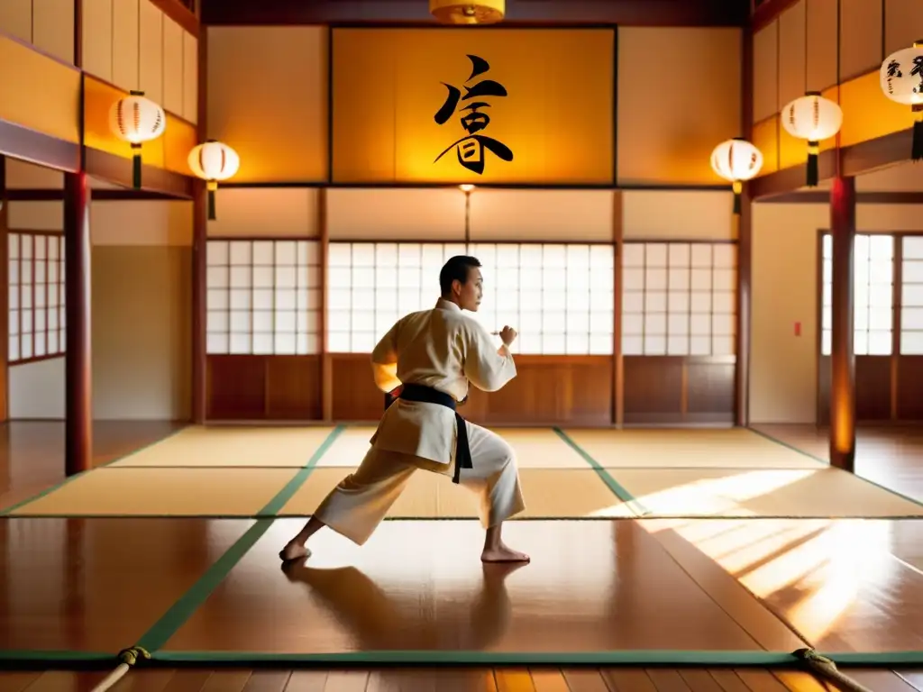 'Búsqueda de la Iluminación en Artes Marciales: Un artista marcial solitario practica katas en un dojo sereno iluminado por la luz dorada