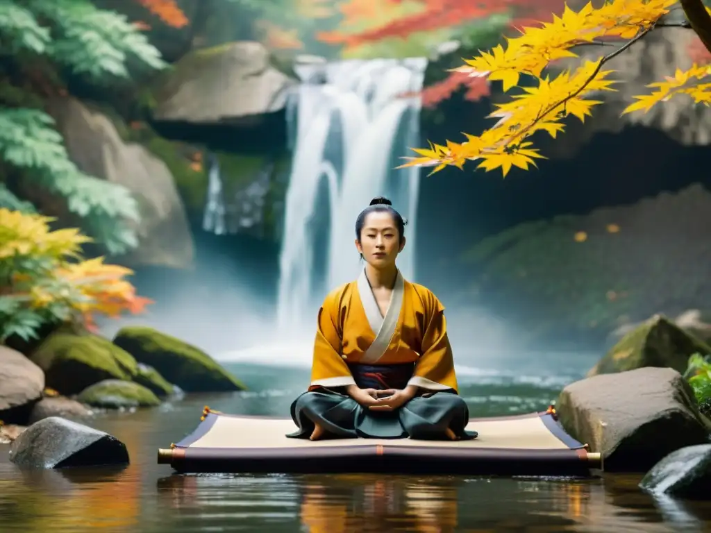 Búsqueda de la Iluminación Artes Marciales: Maestro de artes marciales meditando bajo una cascada en un antiguo pergamino japonés