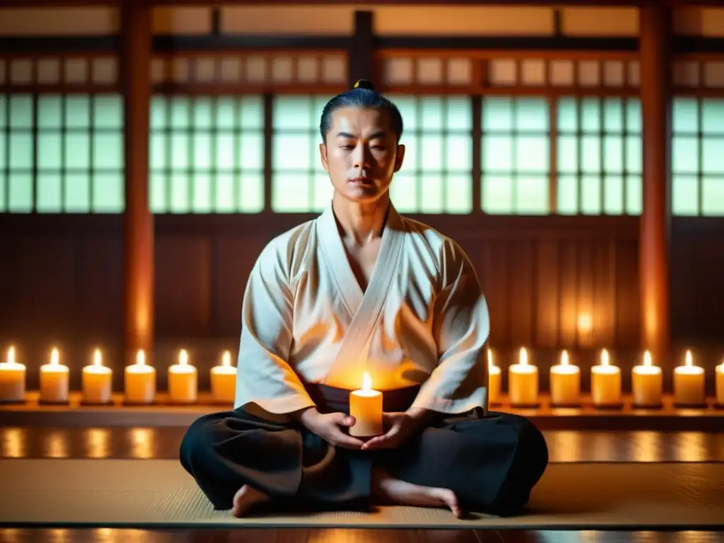 Búsqueda de la Iluminación Artes Marciales: Maestro en meditación serena, rodeado de la suave luz de las velas en un tradicional dojo