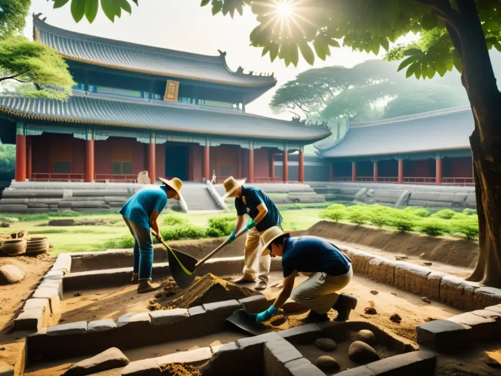 Búsqueda de tesoros perdidos de la dinastía Ming: arqueólogos desentierran artefactos antiguos entre ruinas, iluminados por la cálida luz del sol