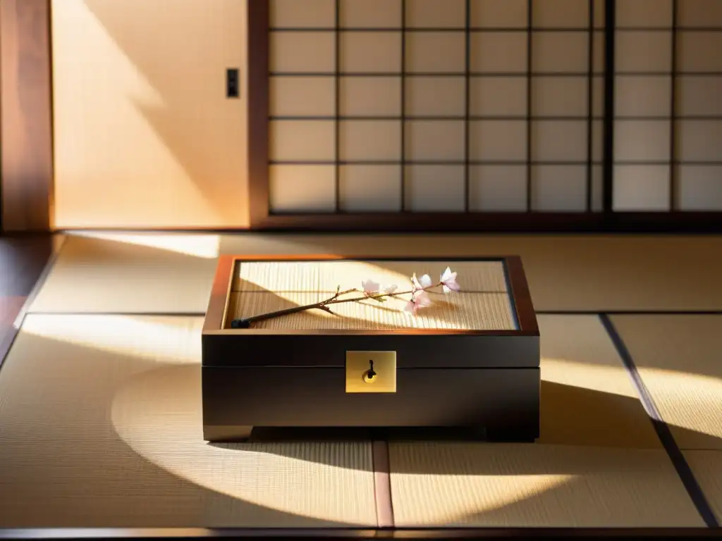 Una caja de incienso japonesa con motivos de flores de cerezo reposa en un tatami en una habitación serena