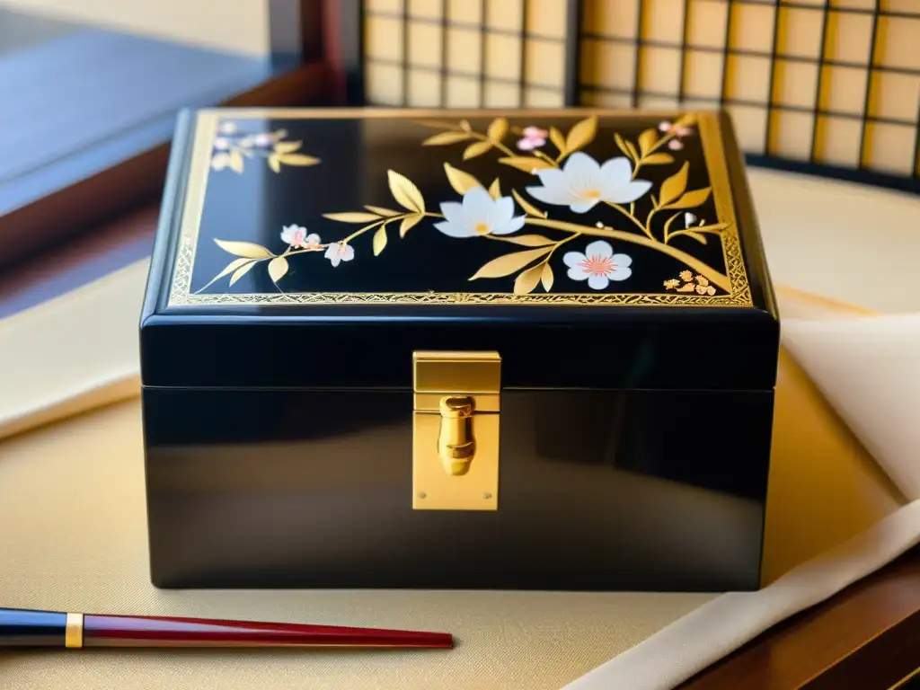 Una caja de laca japonesa con adornos de cerezos pintados a mano y detalles en hoja de oro