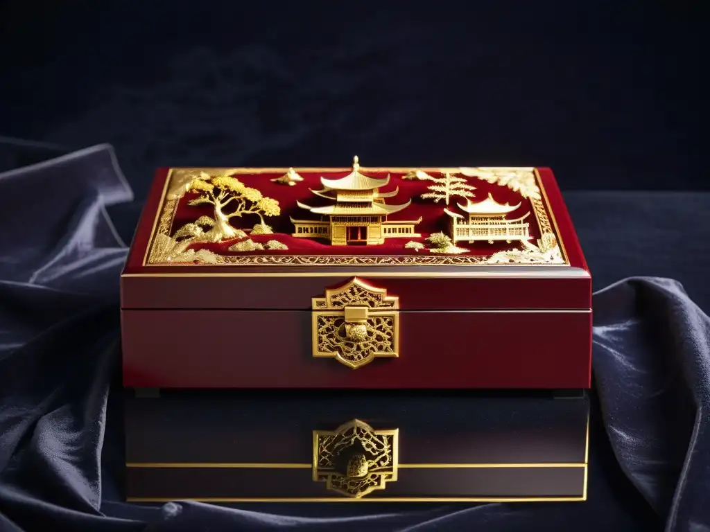 Exquisita caja de laca roja con motivos asiáticos Una caja de madera lacada con motivos asiáticos en oro sobre un fondo de terciopelo oscuro, reflejando la filosofía detrás de la madera lacada