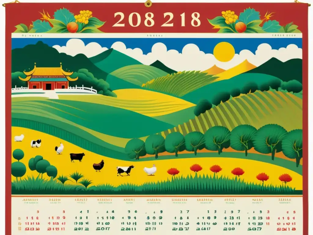 Calendario agrícola tradicional asiático: Detallado pergamino pintado a mano, muestra estaciones de siembra y cosecha en China