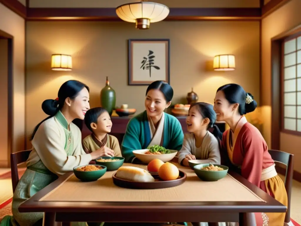 Una cálida escena familiar asiática, con padres e hijos compartiendo una comida en un ambiente acogedor