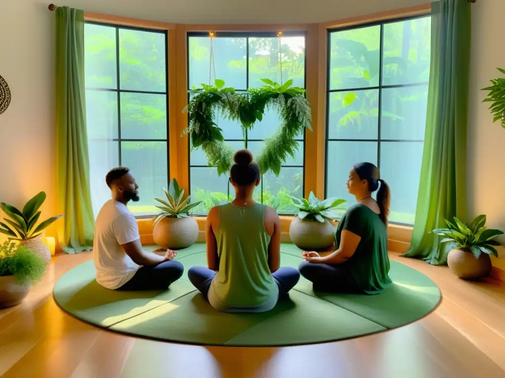 Un cálido círculo de meditadores practica la Metta, cultivando amor benevolente en una habitación serena y unida