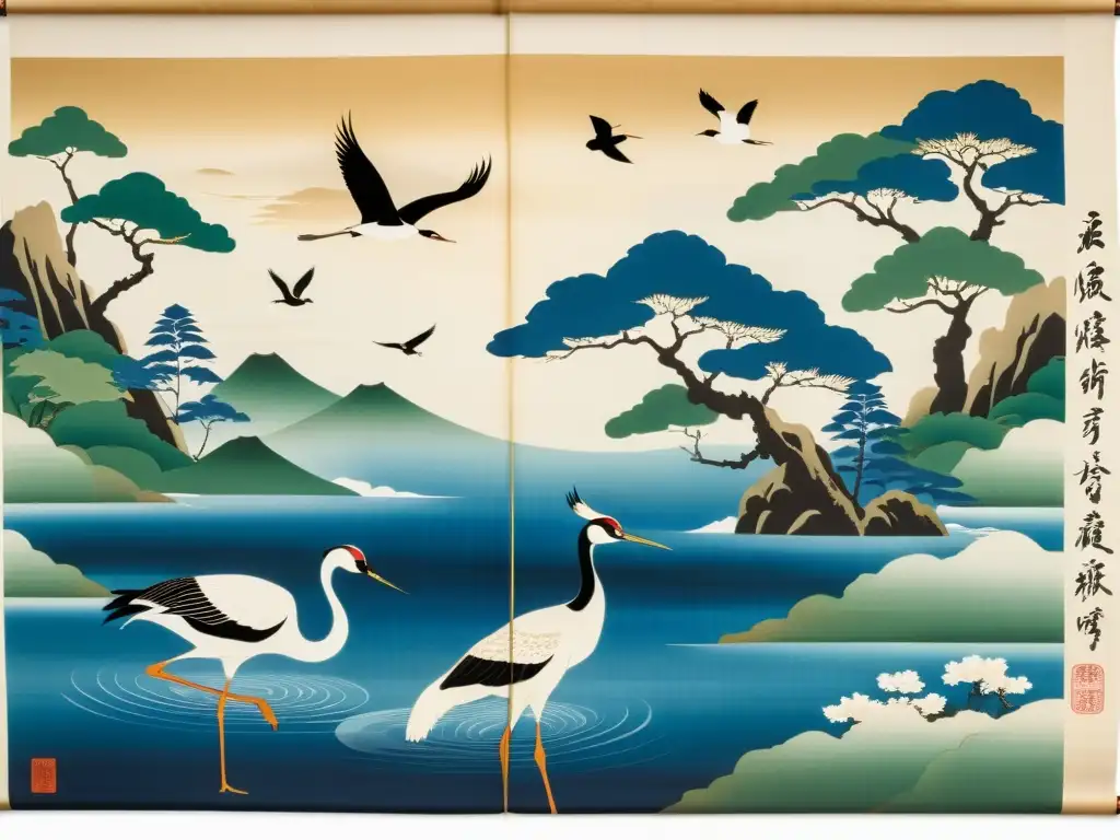 Caligrafía japonesa de animales naturaleza: Detallada y precisa, la pintura muestra gracia y belleza en una tradicional pergamino japonés