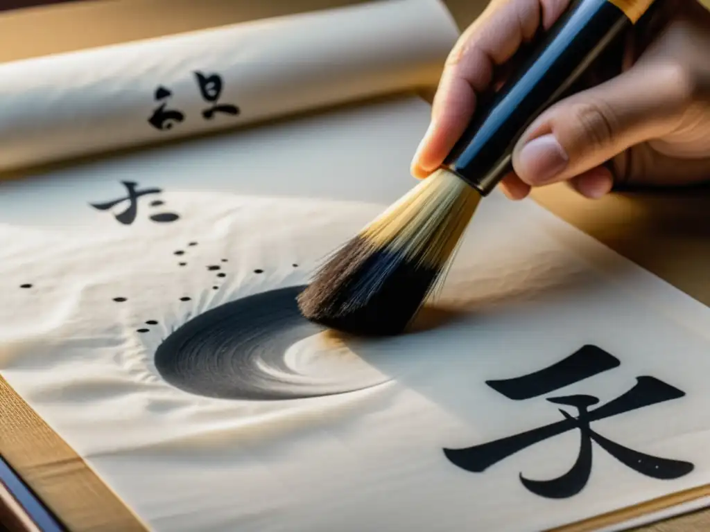 Caligrafía japonesa en era digital: Detalle de pincel tradicional deslizándose sobre papel de arroz, creando intrincados caracteres con tinta fluida