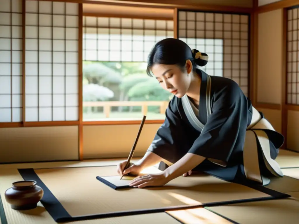 Un calígrafo japonés crea con fluidez y armonía en una sala de tatami, capturando la filosofía y el arte de la caligrafía japonesa