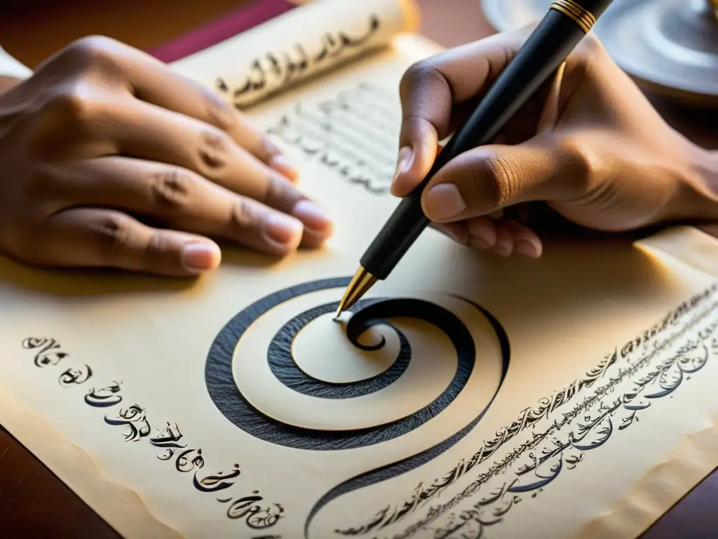 Arte de la caligrafía Urdu: poesía y destreza Un calígrafo urdu crea poesía con delicadeza en un pergamino, explorando la poesía urdu lirismo con destreza artística y pasión