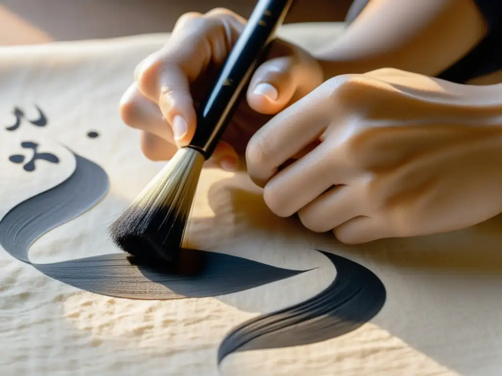 Un calígrafo sereno crea caracteres elegantes en papel de arroz, mostrando caligrafía como meditación activa