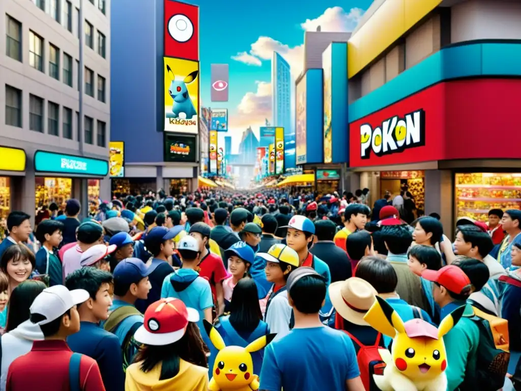 Una calle abarrotada con gente de todas las edades vistiendo ropa y accesorios de Pokémon, reflejando el impacto mundial de Pokémon en la cultura pop