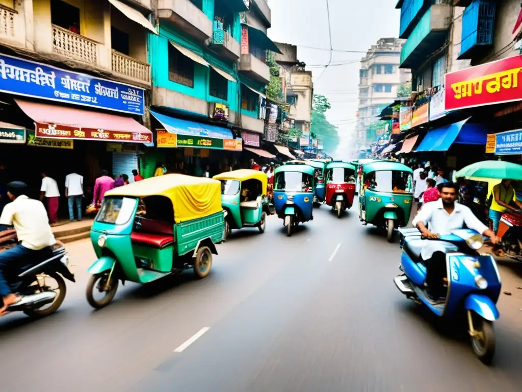 Una calle abarrotada en Mumbai, India, llena de colores vibrantes y actividad bulliciosa