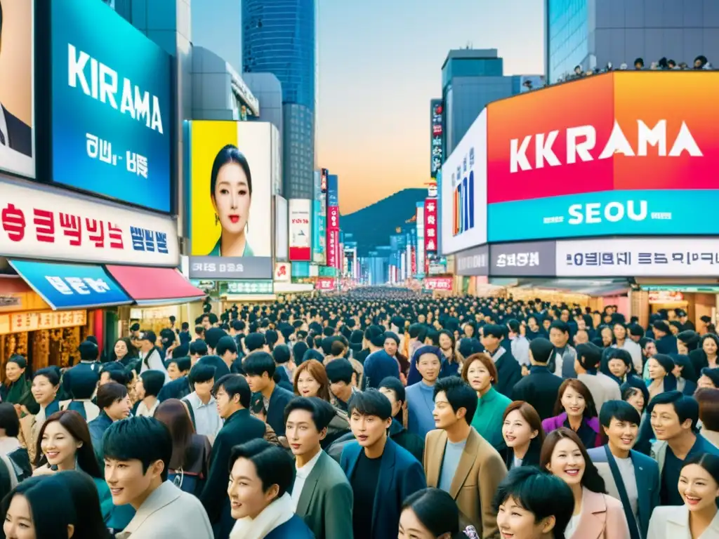 Una calle abarrotada de Seúl llena de vallas publicitarias de Kdramas, reflejando el crecimiento exponencial del Kdrama en la última década