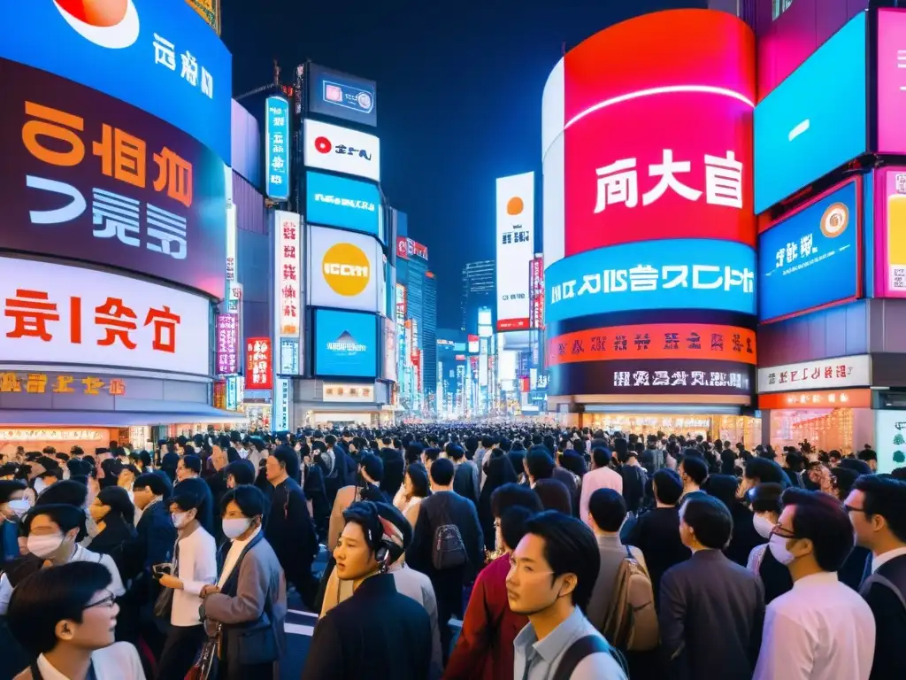 Una calle bulliciosa en Tokyo, Japón, con anuncios de realidad aumentada y auriculares de realidad virtual