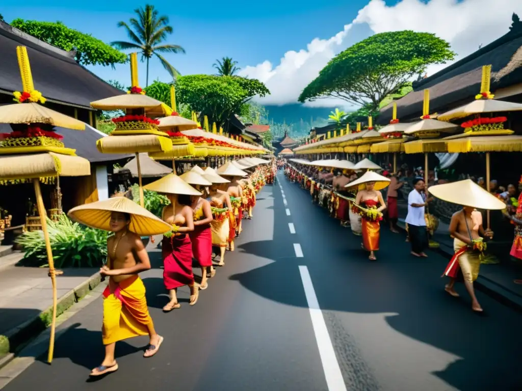 Una calle bulliciosa en Bali durante la celebración de Galungan, con coloridos atuendos y ofrendas