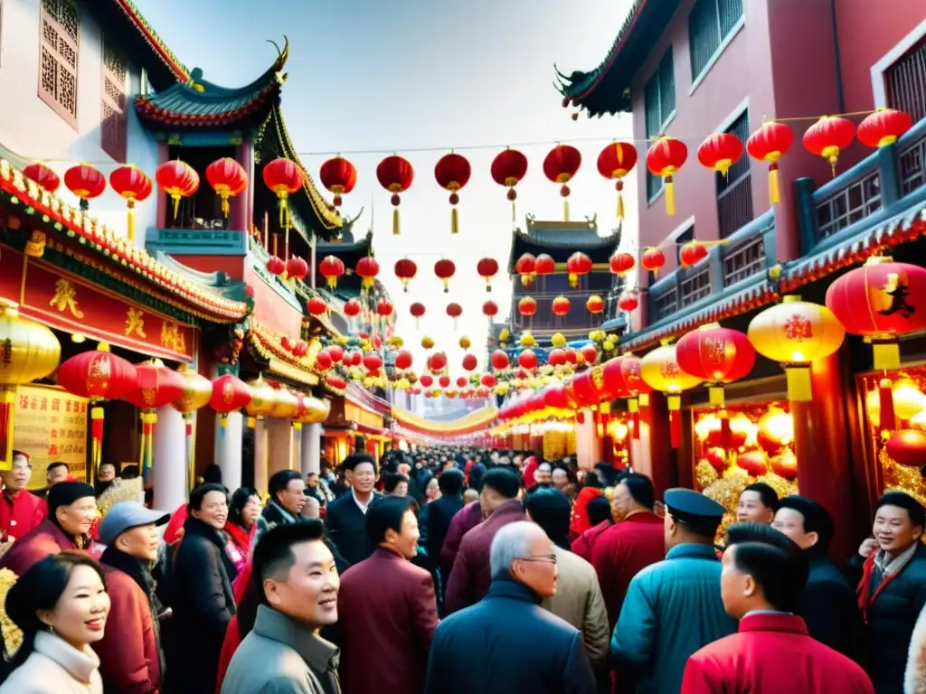 Una calle bulliciosa de Chinatown durante la celebración del Año Nuevo Chino, llena de colores vibrantes y una animada procesión