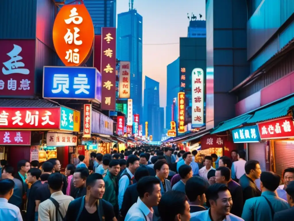 Una calle bulliciosa en una ciudad asiática con letreros de neón y multitudes, capturando la energía y la estética única del cine independiente asiático