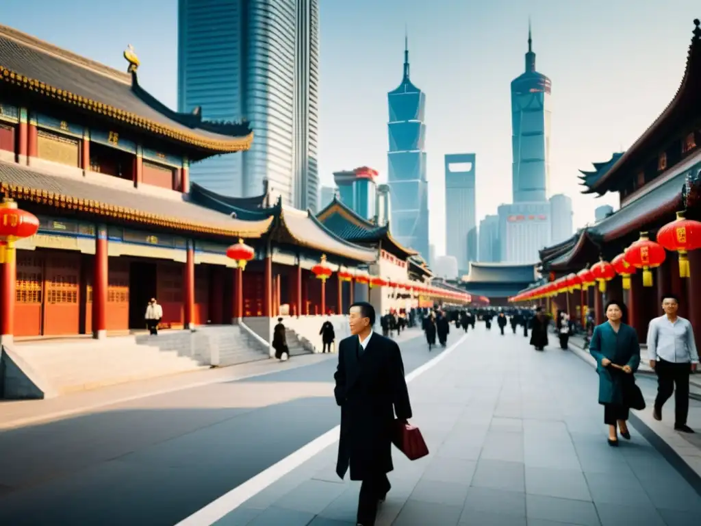 Una calle bulliciosa de una ciudad china, con rascacielos modernos y arquitectura tradicional