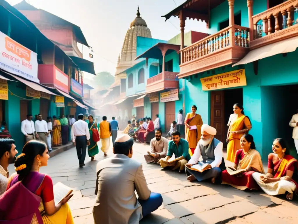 Una calle bulliciosa y colorida en la India, con edificios tradicionales y arte religioso