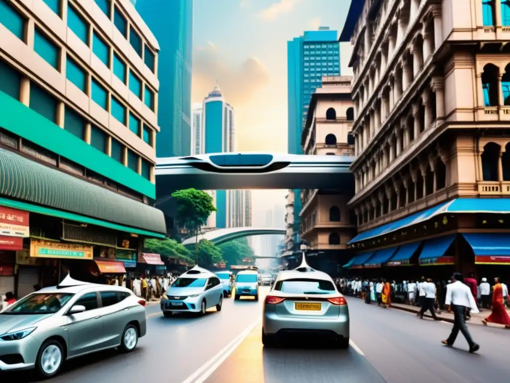 Una calle bulliciosa de Mumbai con elementos futuristas integrados en la arquitectura tradicional