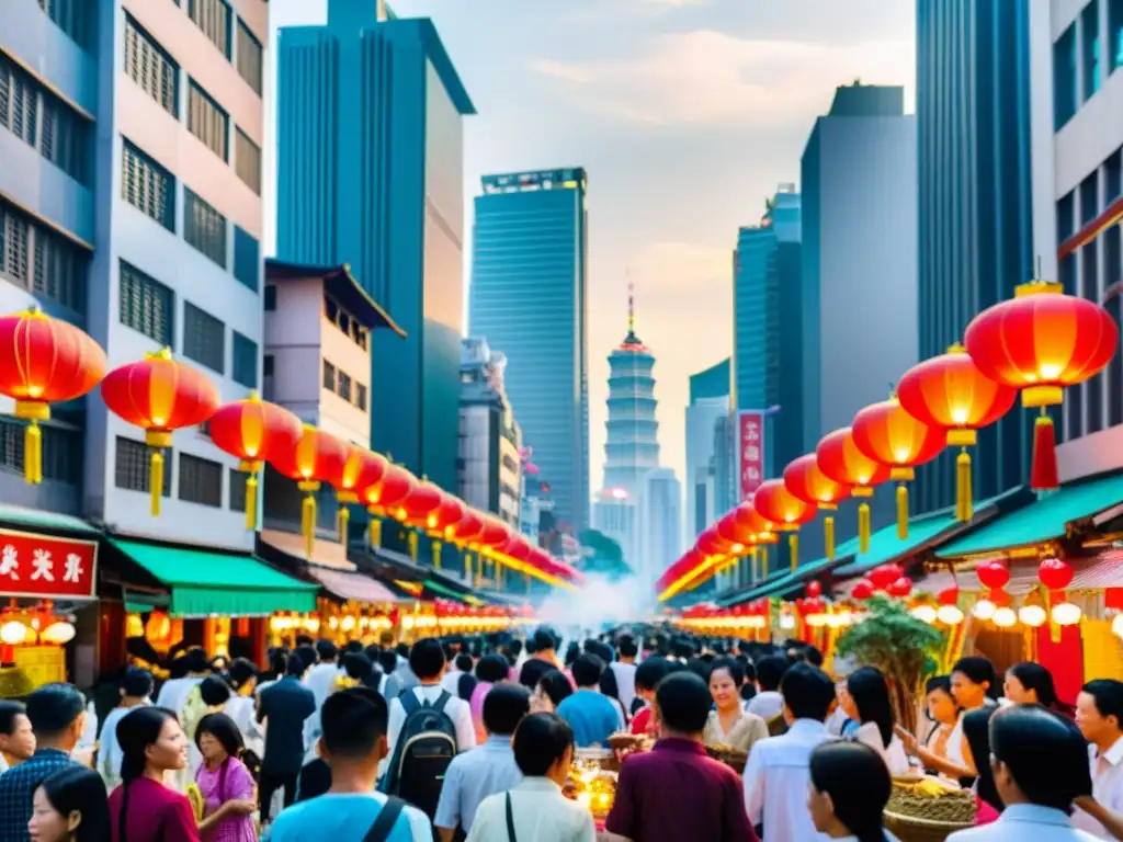 Una calle bulliciosa en Asia durante el Hungry Ghost Festival, donde se mezclan tradiciones ancestrales con la vida urbana moderna