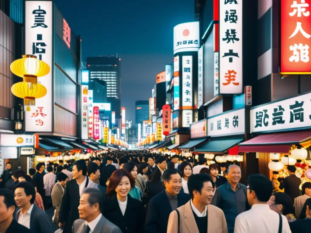 Tokio nocturno: energía vibrante en calles neón Una calle bulliciosa de Tokio iluminada por neón, con arquitectura tradicional y rascacielos modernos, capturando la energía vibrante de la ciudad