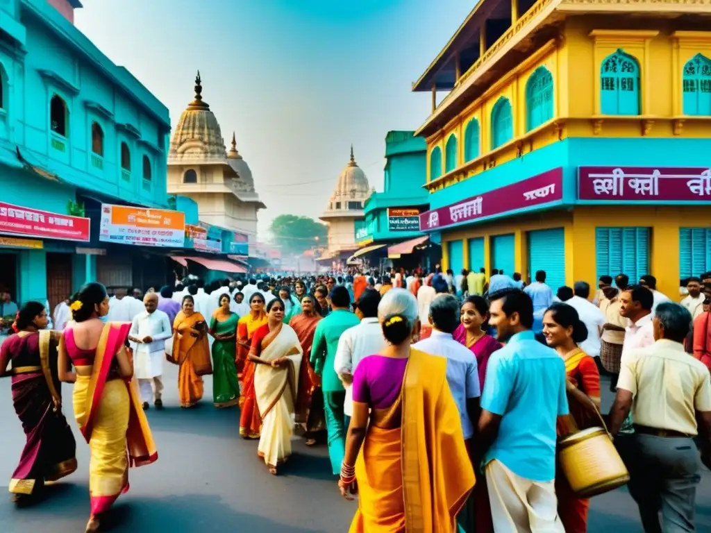 Una calle bulliciosa en la India, con una ceremonia hindú en primer plano y edificios modernos al fondo