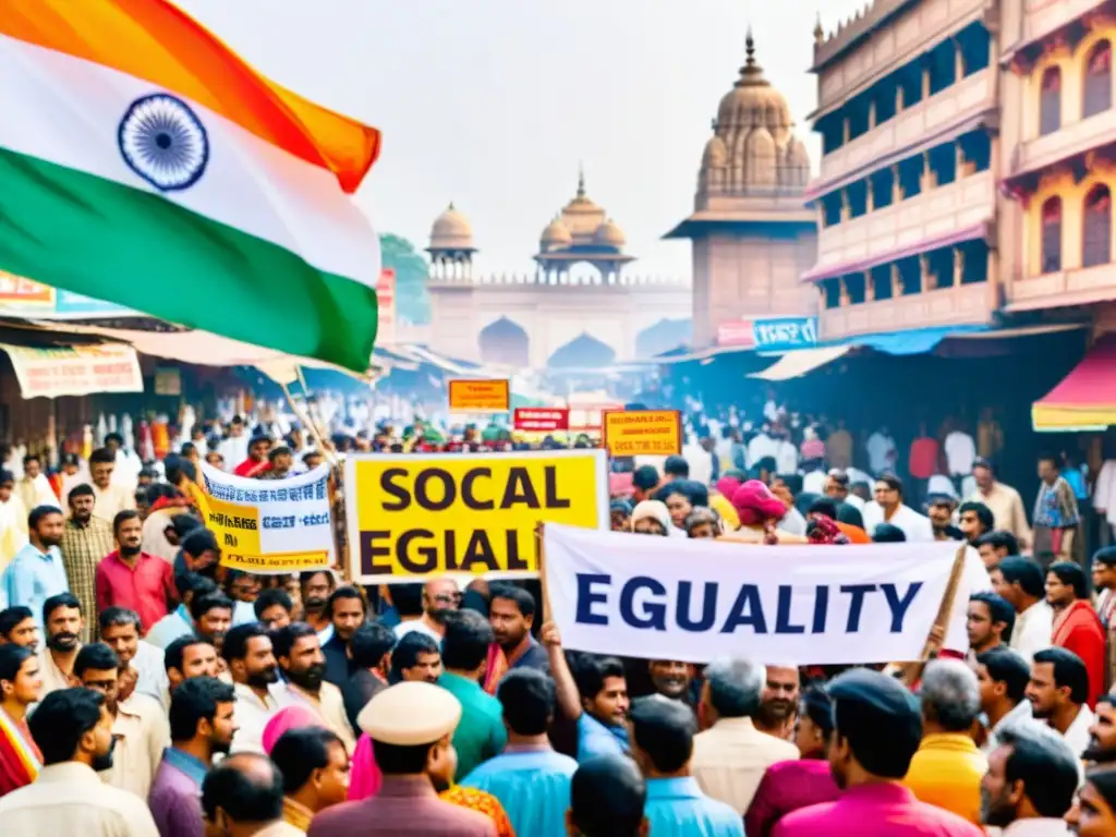 Una calle bulliciosa en la India llena de gente de diversas castas, con ropa tradicional colorida