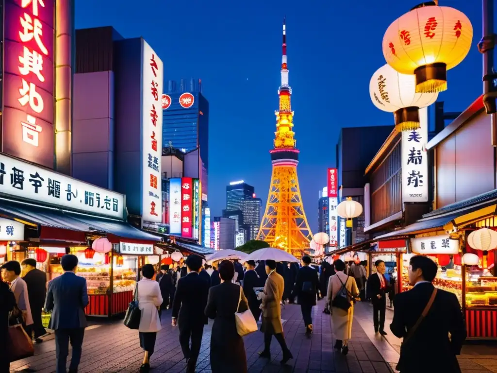 Una calle bulliciosa en Tokio, Japón, con letreros de neón, linternas de papel tradicionales y una mezcla de arquitectura moderna e histórica