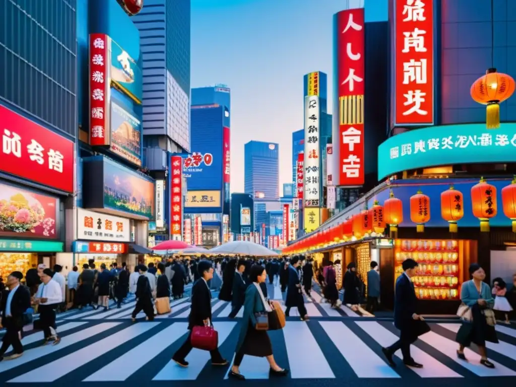 Una calle bulliciosa de Tokio, Japón, con letreros de neón, templos antiguos y rascacielos modernos