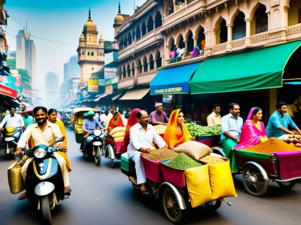 Una calle bulliciosa en Mumbai llena de colores, saris, vendedores y rickshaws