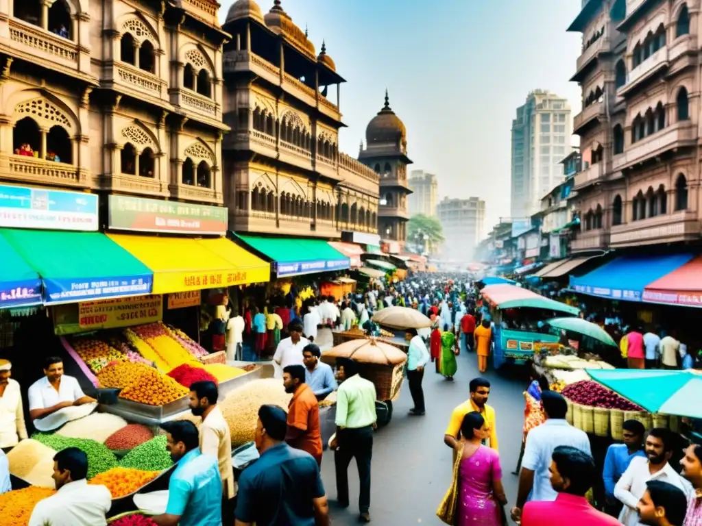 Una calle bulliciosa en Mumbai, India, llena de colores vibrantes y actividad cultural que captura la esencia de la India